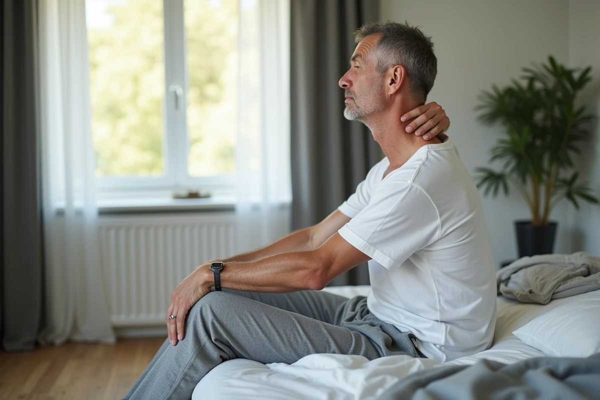 Homme effectuant des étirements cervicaux matinaux assis sur le bord du lit pour soulager les douleurs rachidiennes