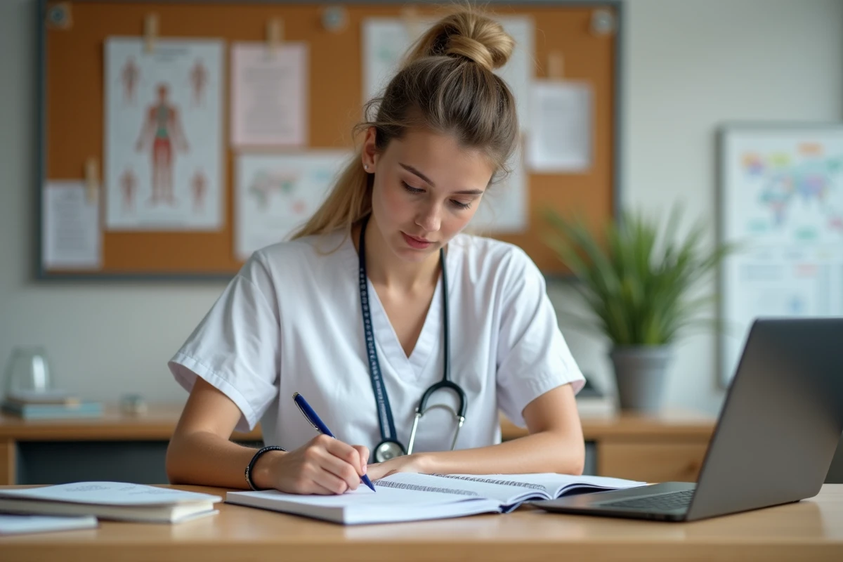 Étudiante infirmière prenant des notes sur le processus de soins infirmiers dans une salle d'étude médicale entourée de manuels et de schémas cliniques