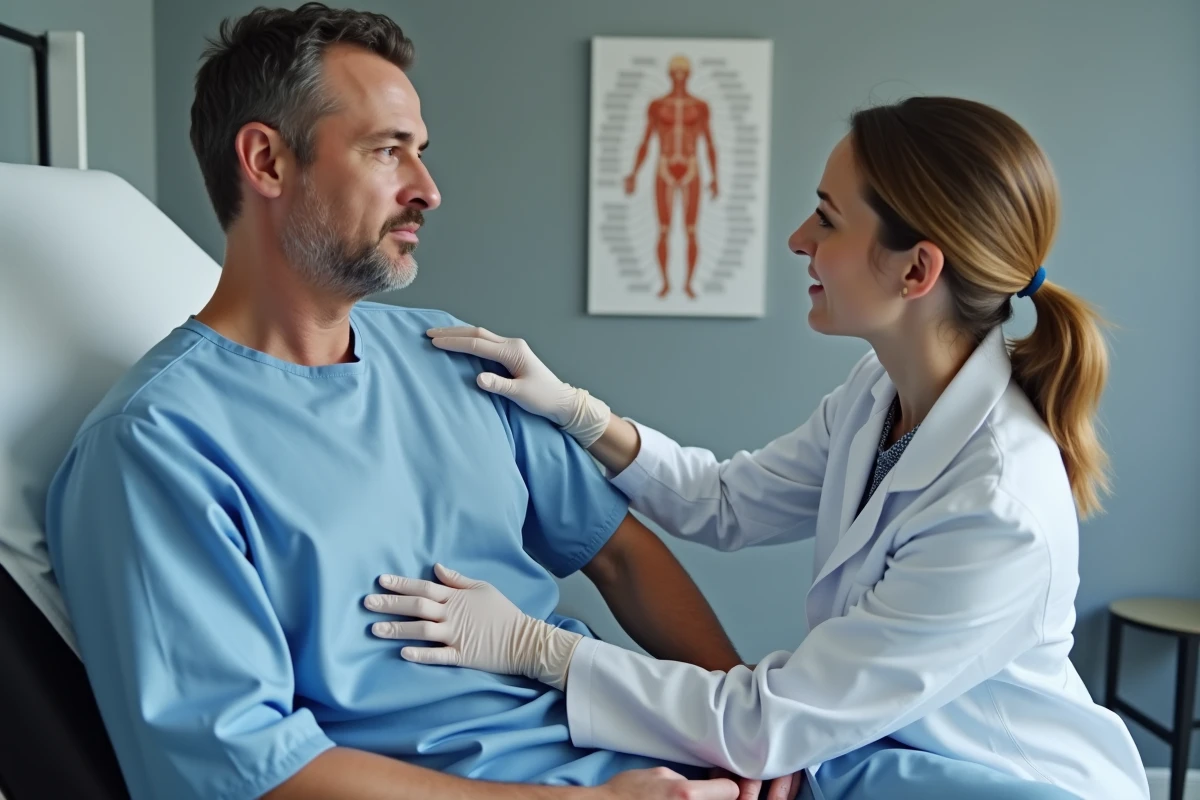 Médecin examinant les ganglions sous l'aisselle gauche d'un patient lors d'une consultation médicale