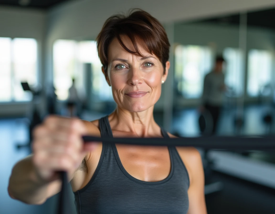 Femme réalisant des exercices de stabilisation cervicale avec bande élastique dans le cadre d'un programme de rééducation pour sténose foraminale C5-C6