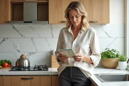 Femme de 45 ans lisant les étiquettes nutritionnelles dans une cuisine moderne pour perdre du poids sans sport après 40 ans