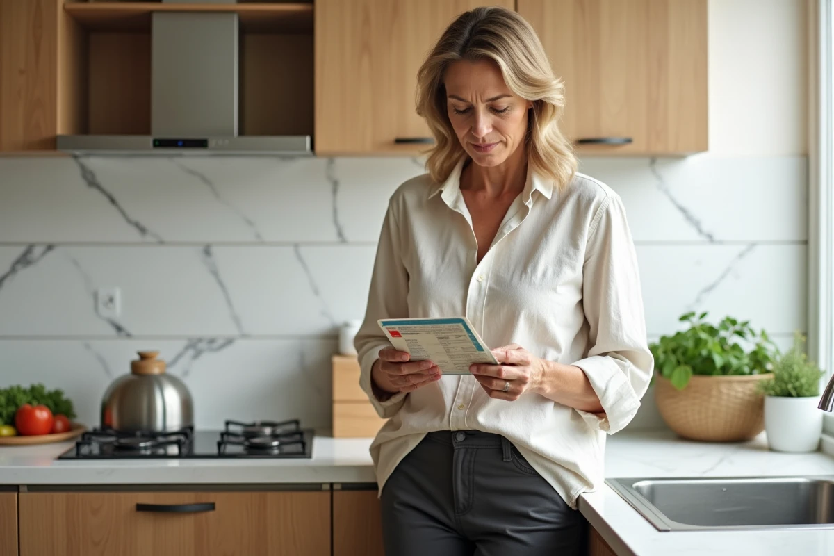 Femme de 45 ans lisant les étiquettes nutritionnelles dans une cuisine moderne pour perdre du poids sans sport après 40 ans