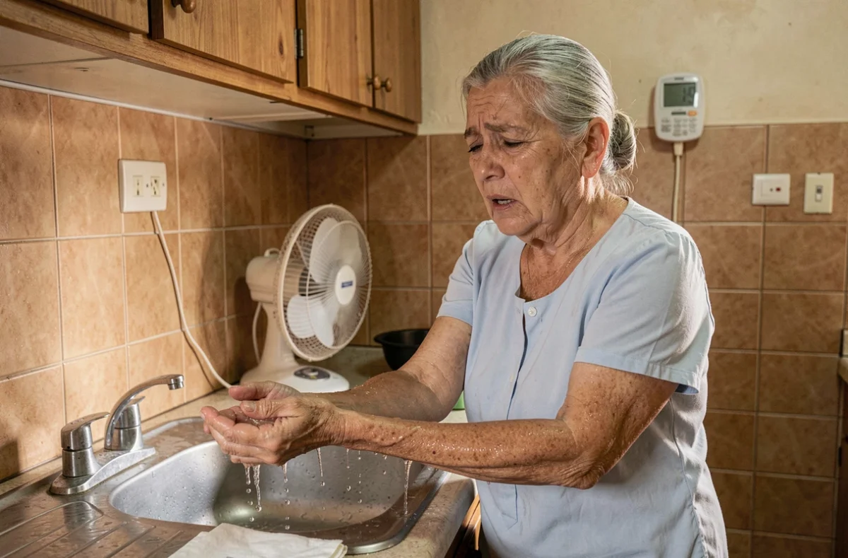 Femme âgée se rafraîchissant les poignets à l'évier dans une cuisine étouffante, symbole de la vulnérabilité cardiaque lors des canicules