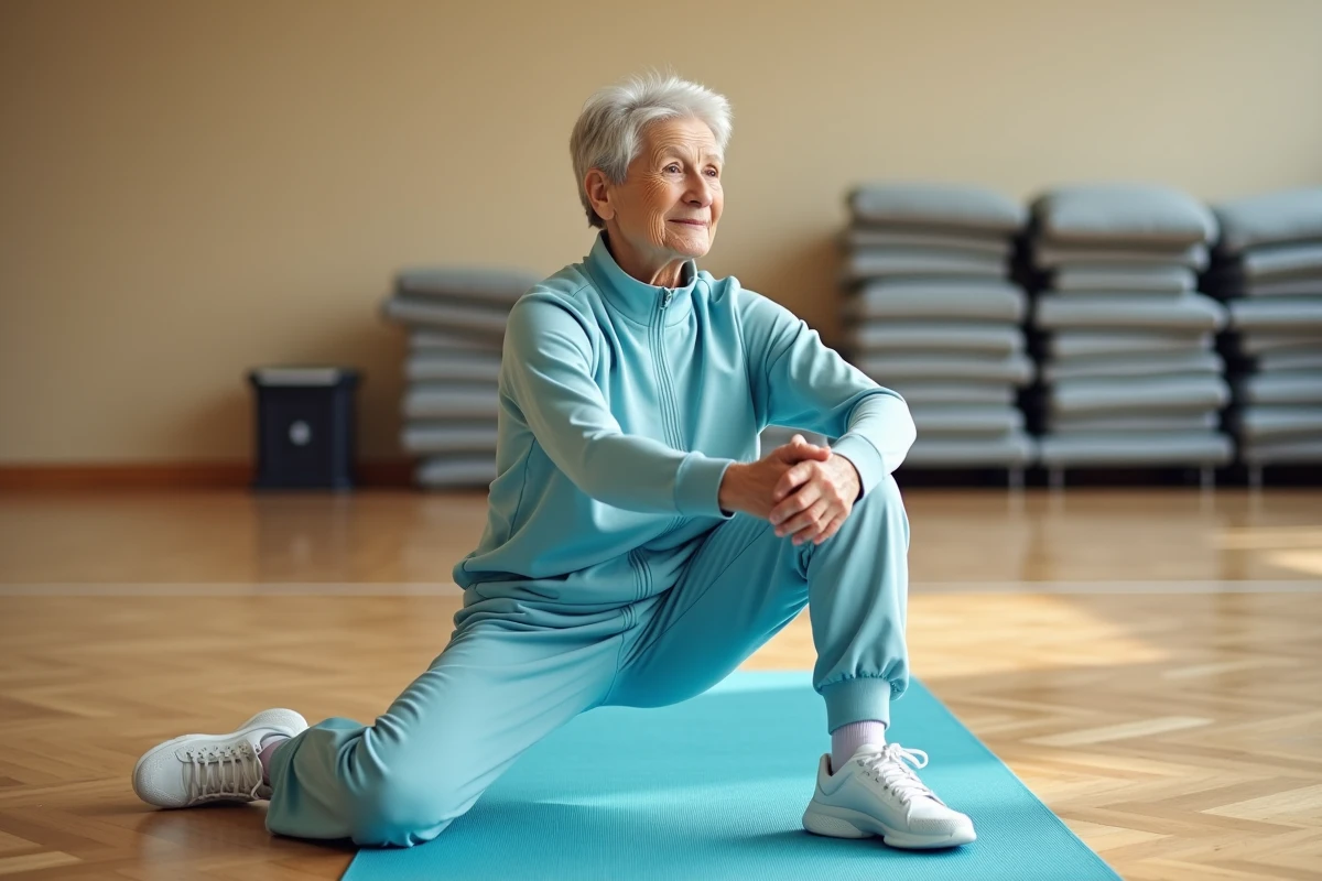 Femme âgée faisant des étirements sur un tapis de yoga dans une salle de sport communautaire