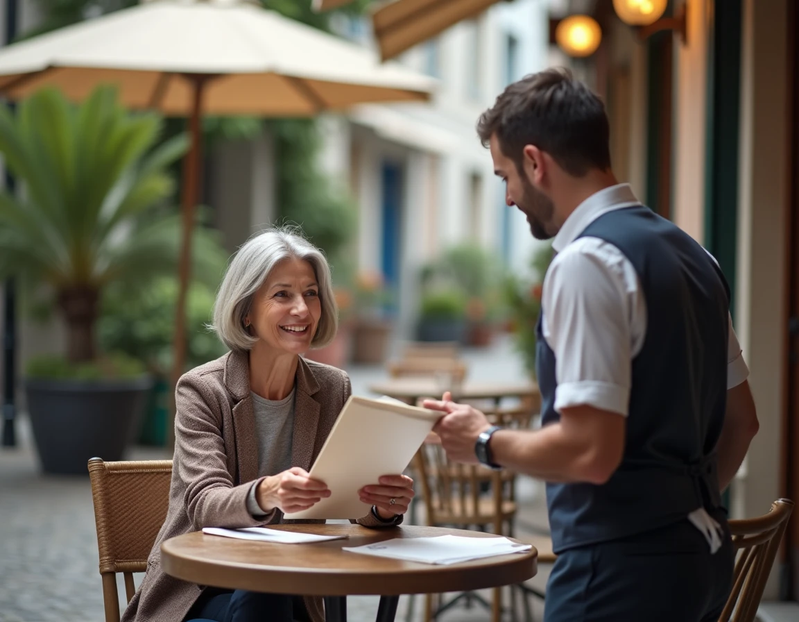 Femme allergique aux oignons interrogeant un serveur au restaurant pour vérifier la composition des plats du menu