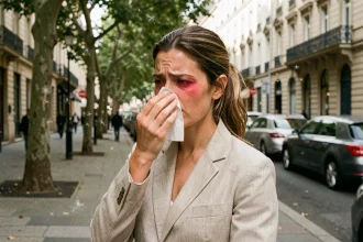 Femme en ville souffrant d'allergies saisonnières aggravées par la pollution de l'air, se mouchant sur un trottoir urbain entouré de platanes libérant du pollen