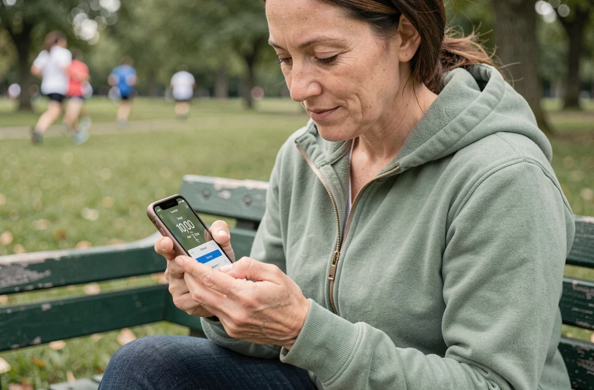 Femme consultant son application de comptage de pas sur smartphone pour suivre sa progression minceur