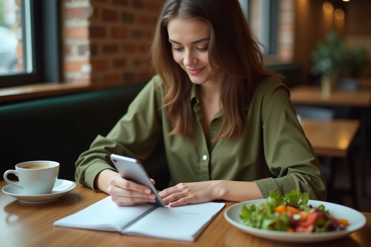Jeune femme enregistrant ses repas sur une application de suivi nutritionnel dans un café