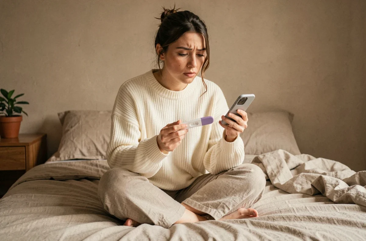 Jeune femme vérifiant l'heure sur son téléphone en attendant le résultat d'un test de grossesse dans sa chambre