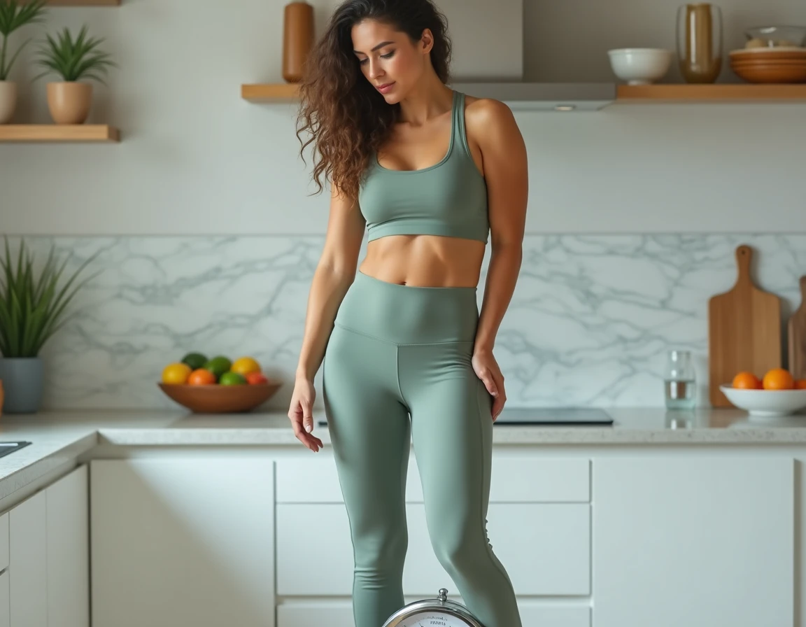 Femme en tenue de sport regardant une balance dans une cuisine saine, illustrant le suivi du poids pour maigrir