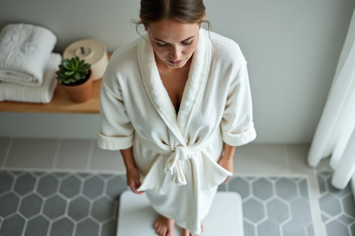 Femme de 43 ans sur une balance dans une salle de bain, illustrant la perte de poids progressive sans sport à partir de 40 ans