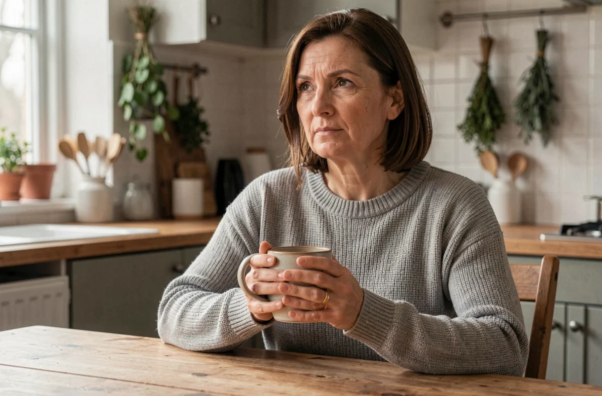 Femme d'âge mûr sereine tenant une tasse dans sa cuisine, illustrant le mieux-être progressif lors de la guérison d'une douleur pelvienne chronique