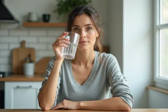 Femme buvant un verre d'eau dans une cuisine moderne, illustrant l'importance de l'hydratation quotidienne