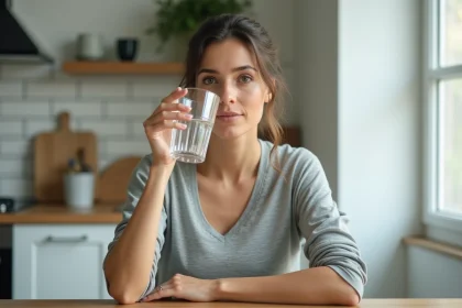 Femme buvant un verre d'eau dans une cuisine moderne, illustrant l'importance de l'hydratation quotidienne