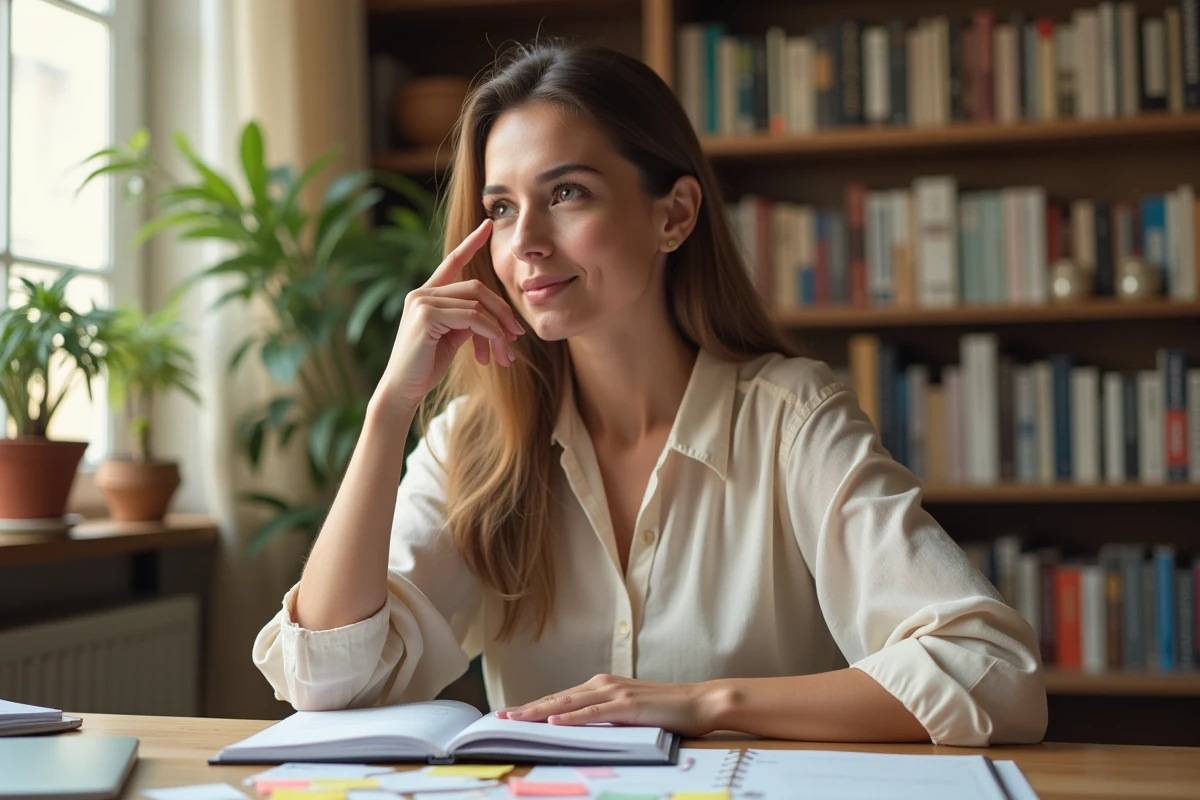 Femme concentrée à son bureau avec des notes et un agenda ouvert, cherchant des solutions contre l'oubli