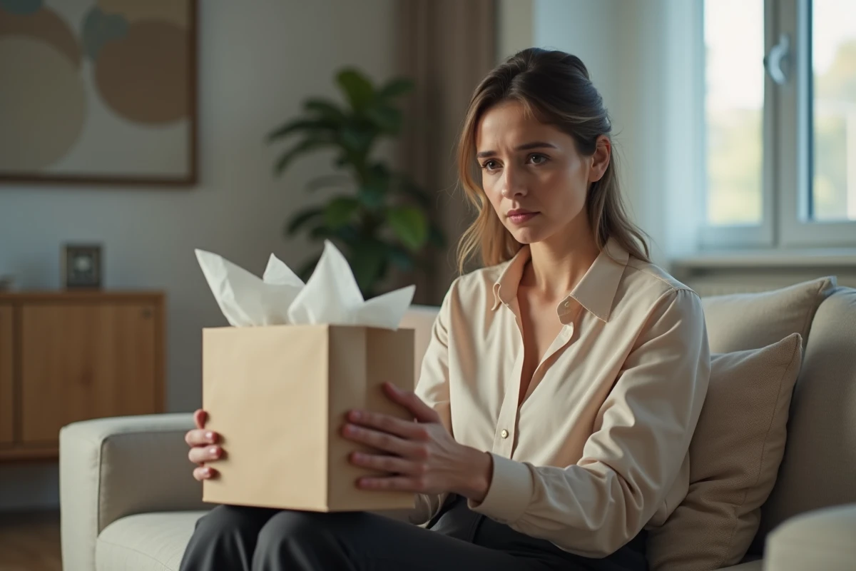Femme seule tenant un sac cadeau non ouvert avec une expression hésitante et pensive dans un salon épuré de style scandinave