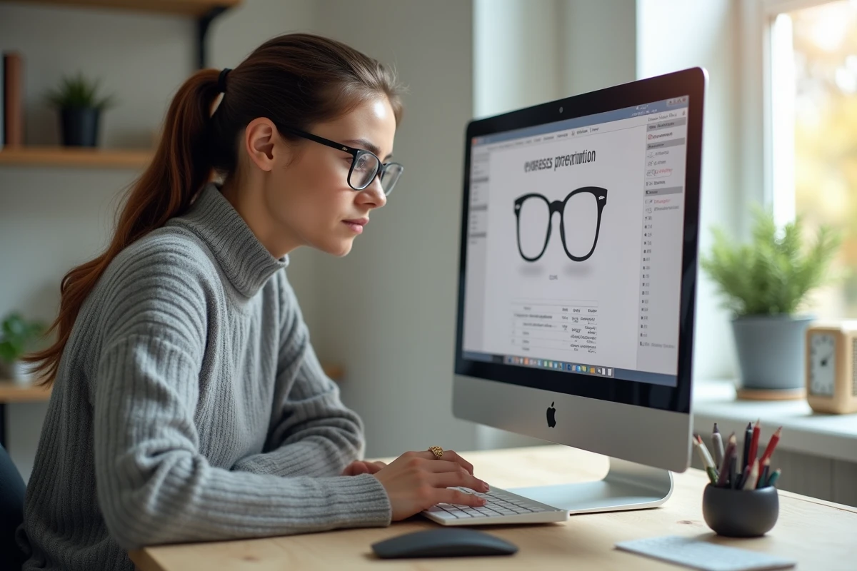 Femme utilisant un outil en ligne de calcul d'épaisseur de verres de lunettes sur un ordinateur portable