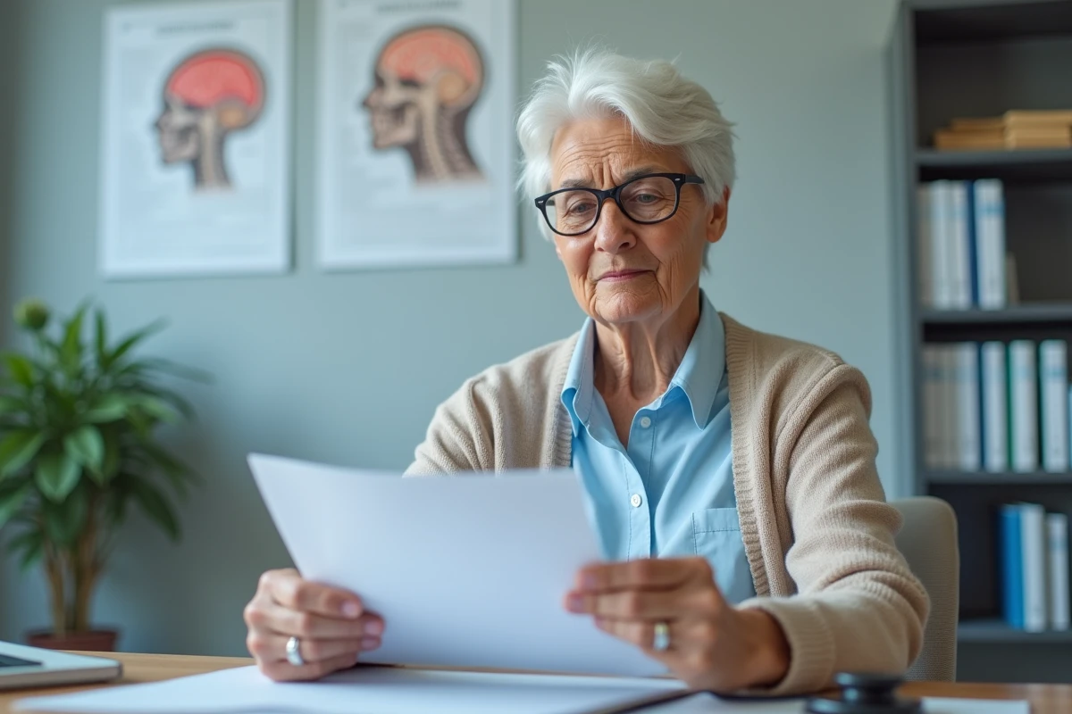 Femme âgée en consultation neurologique tenant un document médical, dans le contexte du diagnostic de la maladie de Parkinson