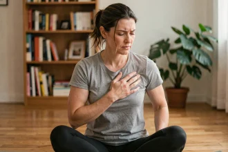 Femme tenant sa cage thoracique en position assise sur un tapis de yoga, illustrant une douleur intercostale liée au stress