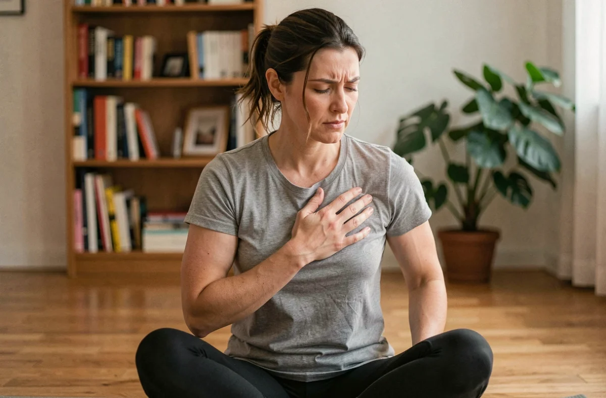 Femme tenant sa cage thoracique en position assise sur un tapis de yoga, illustrant une douleur intercostale liée au stress
