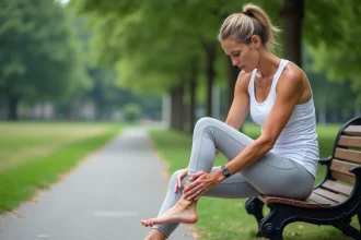 Femme d'âge moyen assise sur un banc de parc se massant le talon droit avec une expression de douleur persistante