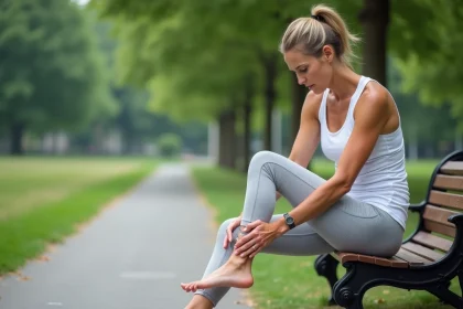 Femme d'âge moyen assise sur un banc de parc se massant le talon droit avec une expression de douleur persistante