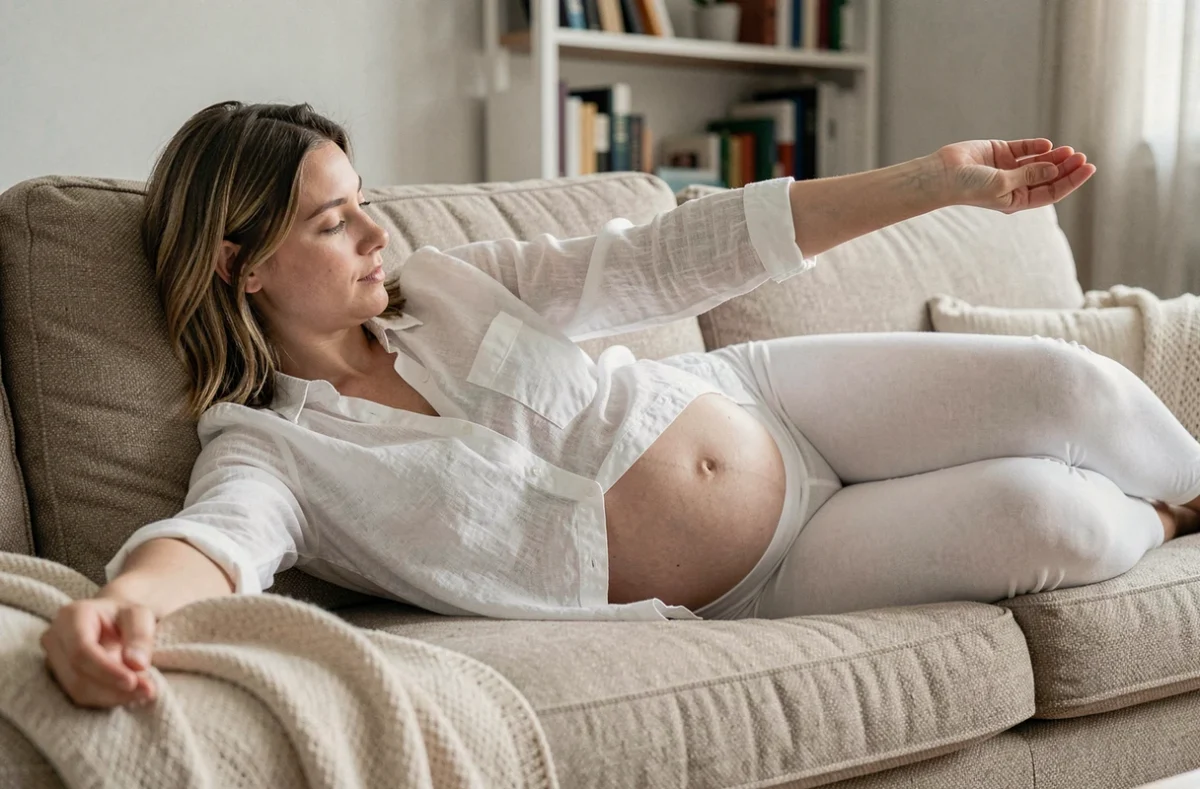 Femme enceinte allongée sur le côté gauche qui examine son bras gauche, associée aux fourmillements du bras pendant la grossesse