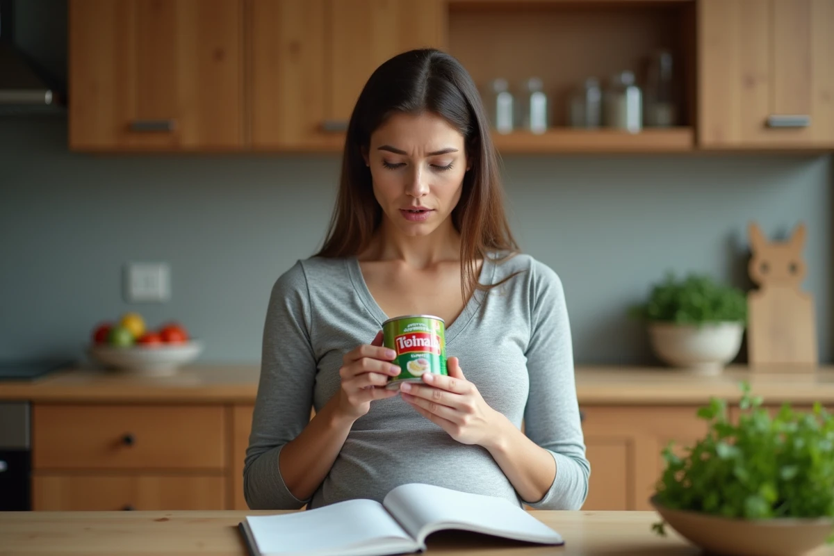 Femme enceinte examinant une boîte de thon dans sa cuisine, illustrant les précautions alimentaires pendant la grossesse