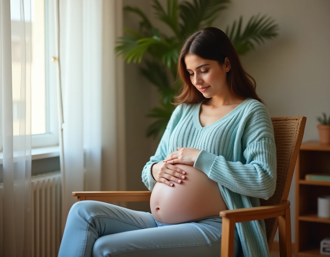 Femme enceinte tenant son ventre rond, réfléchissant aux chances d'avoir un garçon ou une fille