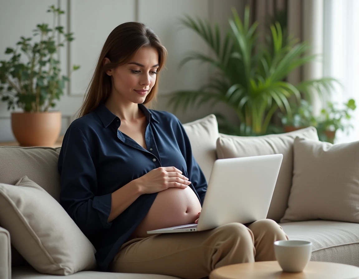 Femme enceinte effectuant des démarches administratives en ligne depuis son canapé avec un ordinateur portable