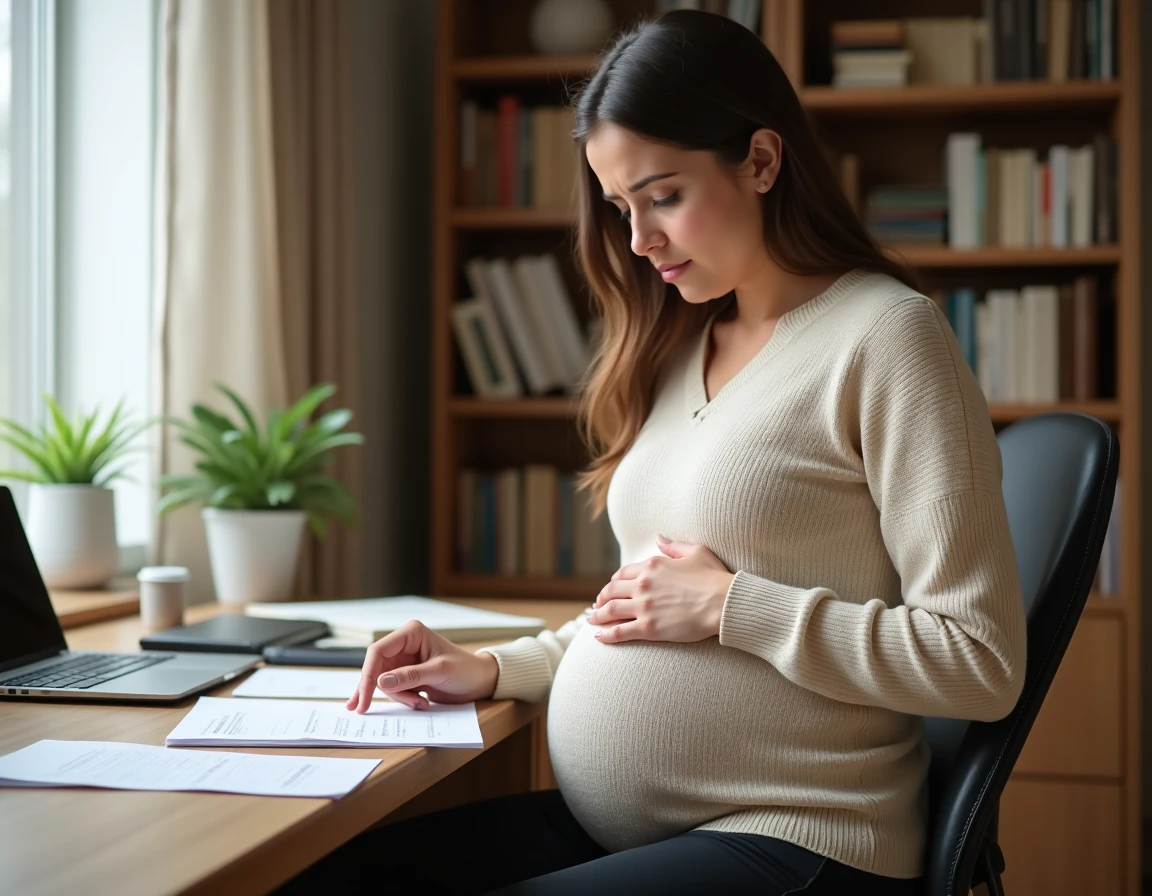 Femme enceinte lisant des documents administratifs à son bureau à domicile, main posée sur le ventre