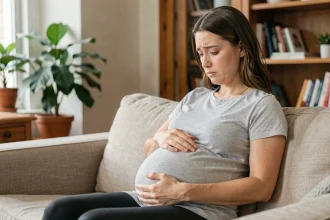 Femme enceinte assise sur un canapé tenant son côté droit du ventre avec une expression préoccupée