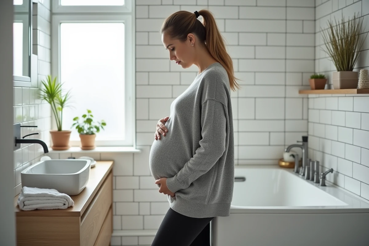 Femme enceinte à la maison dans la salle de bain ressentant les premiers signes de la rupture de la poche des eaux