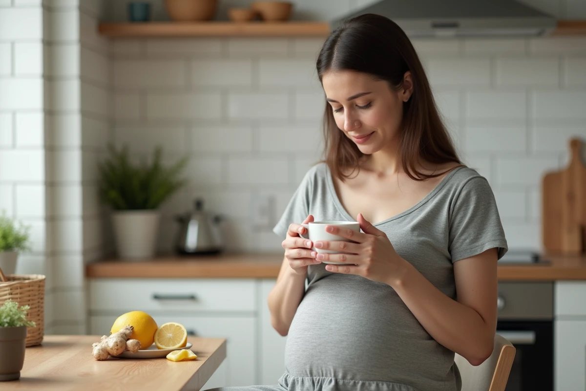 Femme enceinte tenant une tasse de thé au gingembre pour calmer les nausées de grossesse