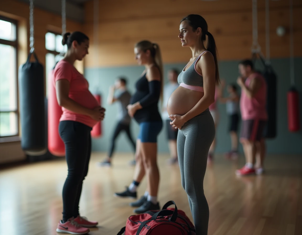 Femme enceinte debout en bordure d'une salle de sport observant un entraînement de sports de combat, symbolisant l'arrêt des sports de contact pendant la grossesse