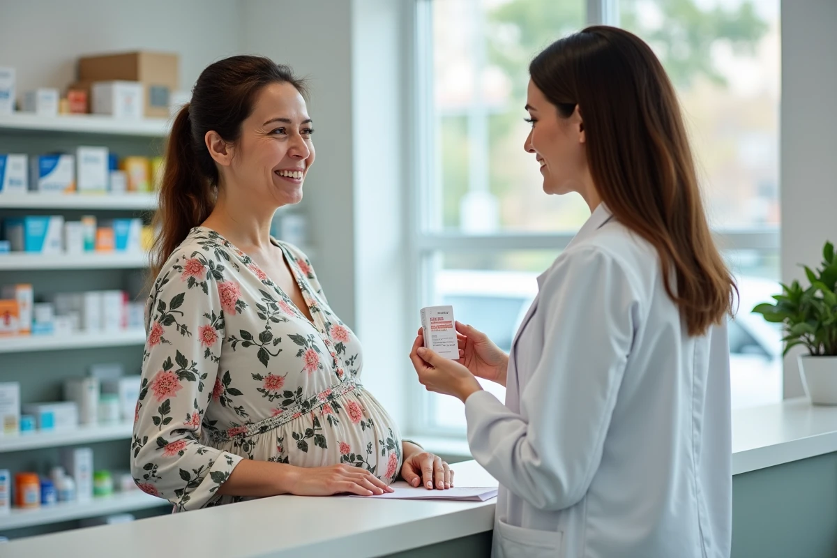 Femme enceinte discutant avec une pharmacienne des traitements contre les nausées et vomissements
