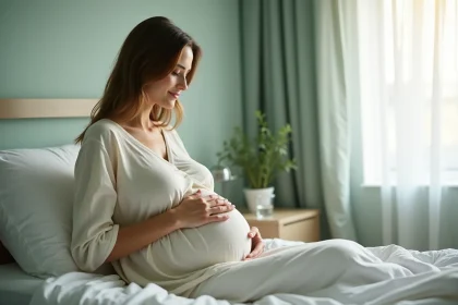 Femme enceinte au troisième trimestre assise sur un lit d'hôpital tenant son ventre, en attente de l'accouchement