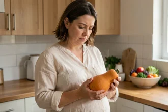 Femme enceinte tenant un potimarron dans une cuisine moderne, réfléchissant aux aliments à éviter pendant la grossesse