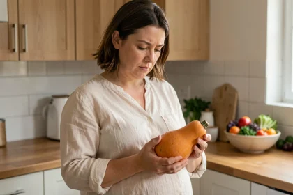 Femme enceinte tenant un potimarron dans une cuisine moderne, réfléchissant aux aliments à éviter pendant la grossesse