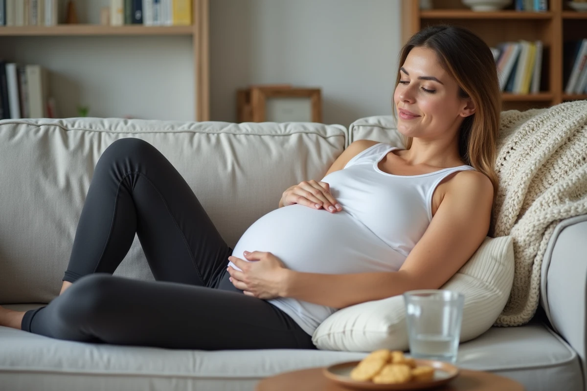 Femme enceinte allongée sur un canapé se reposant pour soulager les nausées matinales