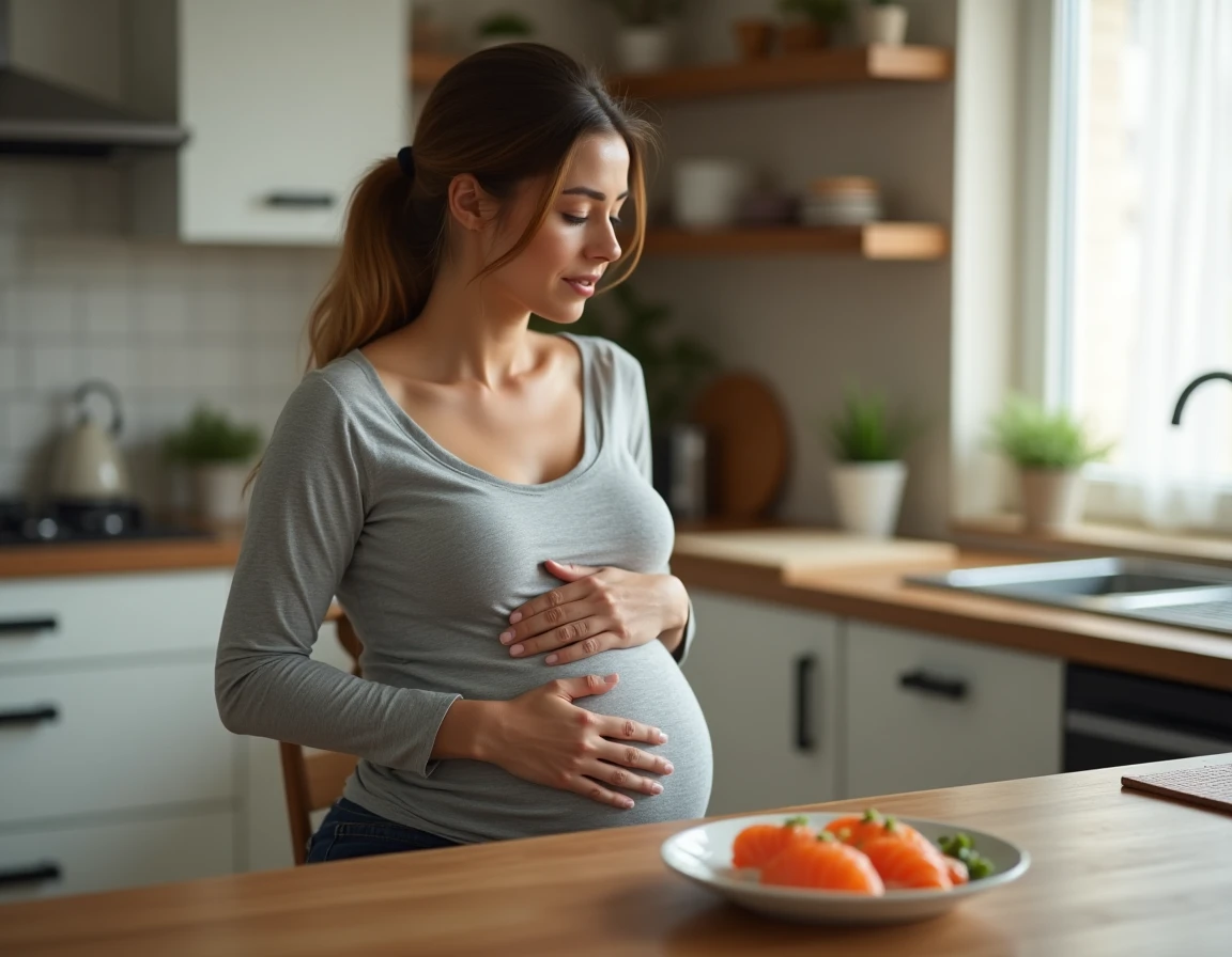 Femme enceinte hésitante devant une assiette de saumon cru sur une table en bois dans une cuisine domestique