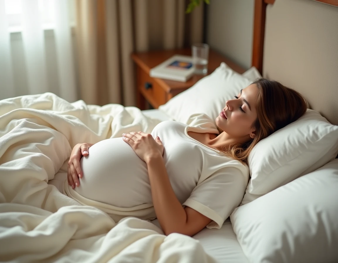 Femme enceinte dormant paisiblement sur le côté dans un lit confortable avec des oreillers moelleux