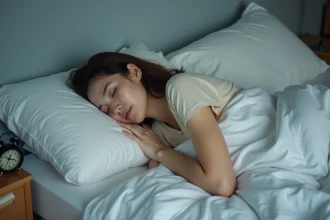 Femme endormie paisiblement dans un lit aux draps en lin blanc, réveil analogique sur la table de nuit indiquant 22h30, illustrant l'importance d'un horaire de sommeil régulier