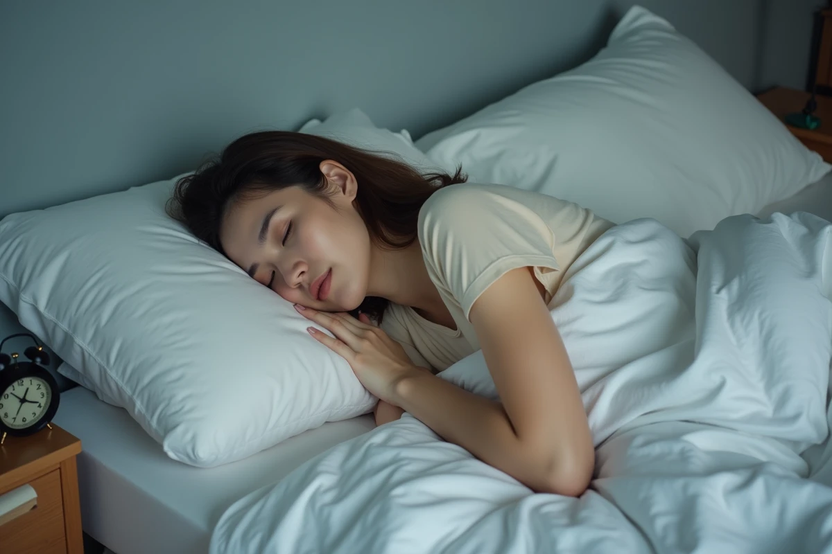 Femme endormie paisiblement dans un lit aux draps en lin blanc, réveil analogique sur la table de nuit indiquant 22h30, illustrant l'importance d'un horaire de sommeil régulier