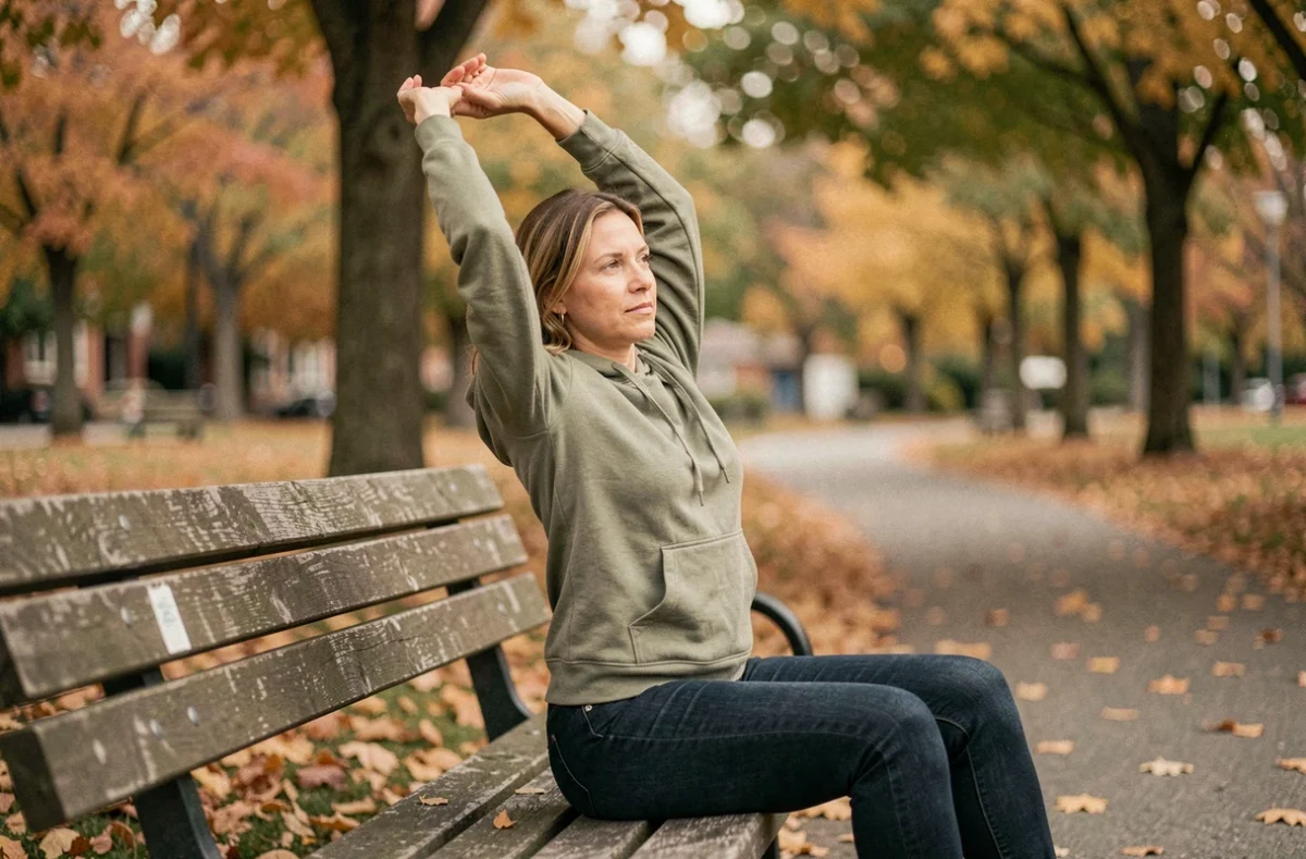 Femme pratiquant un étirement doux en plein air pour soulager une douleur intercostale et réduire l'anxiété