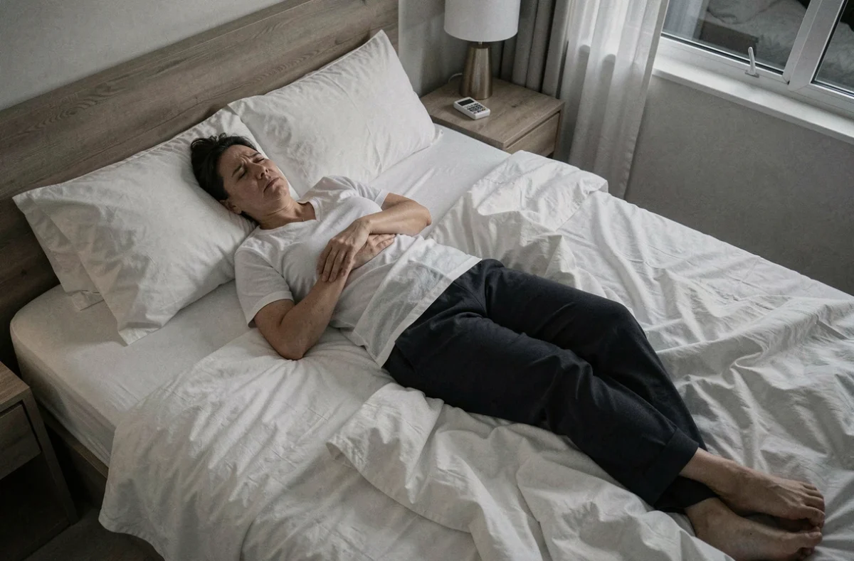 Femme éveillée la nuit allongée dans son lit avec douleur au bras gauche et fatigue