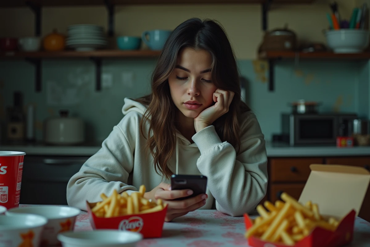 Femme fatiguée entourée d'aliments malsains à une table de cuisine encombrée, illustrant les effets des mauvaises habitudes alimentaires sur le cerveau