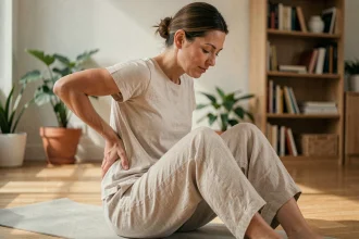 Femme soulagée assise sur un tapis de yoga tenant sa région lombaire, symbolisant la récupération d'une névralgie pudendale