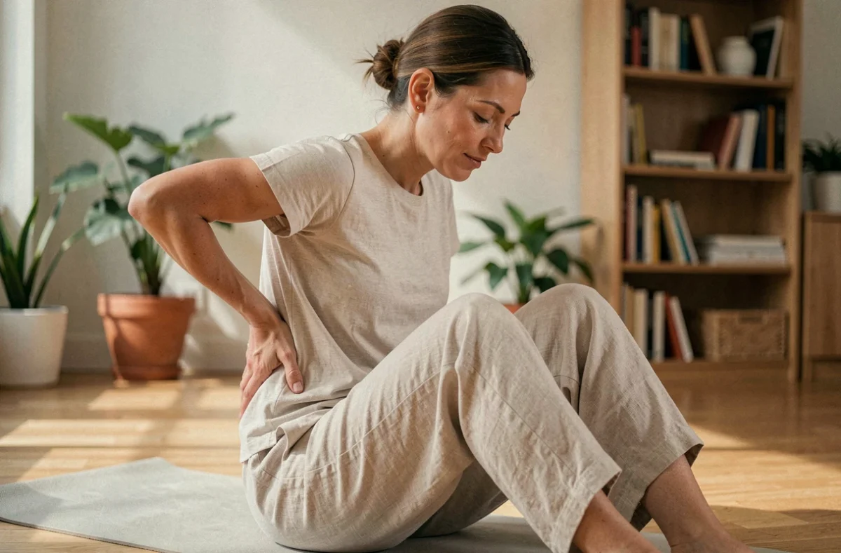 Femme soulagée assise sur un tapis de yoga tenant sa région lombaire, symbolisant la récupération d'une névralgie pudendale