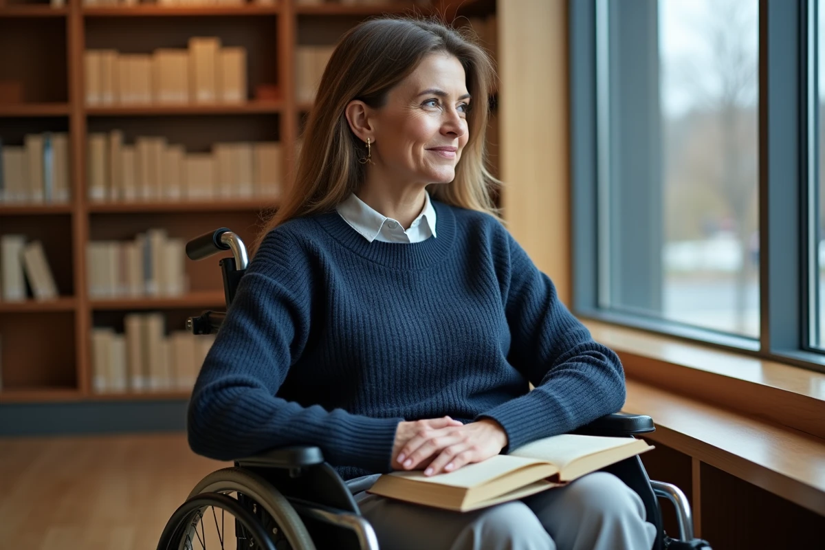 Femme en fauteuil roulant lisant dans une bibliothèque moderne, exprimant sérénité et indépendance